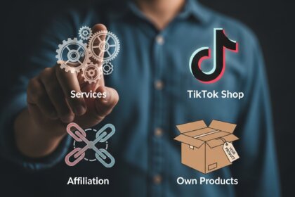 Pessoa em laptop com gráficos digitais e ícones dos 4 pilares para ganhar dinheiro na internet: serviços, afiliação, produtos próprios e TikTok Shop.