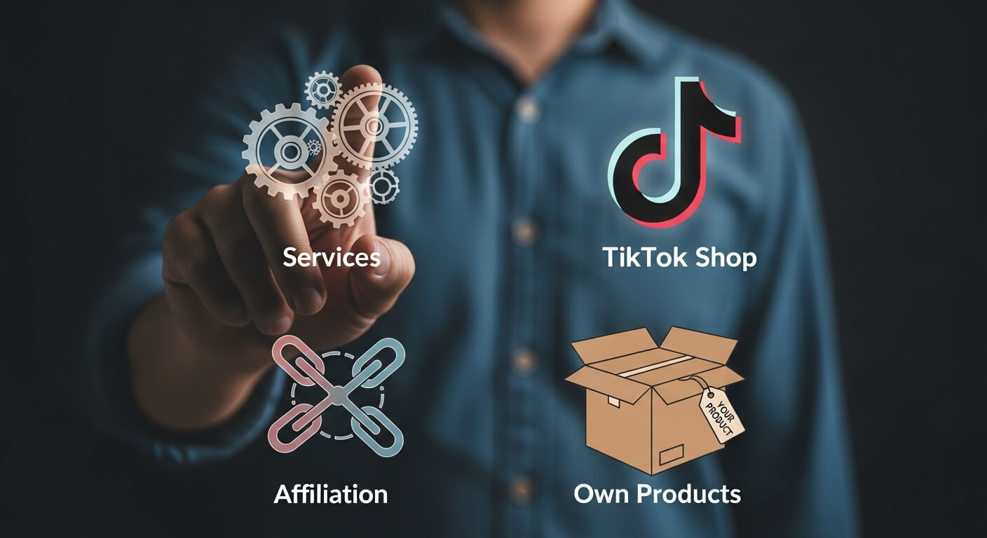 Pessoa em laptop com gráficos digitais e ícones dos 4 pilares para ganhar dinheiro na internet: serviços, afiliação, produtos próprios e TikTok Shop.