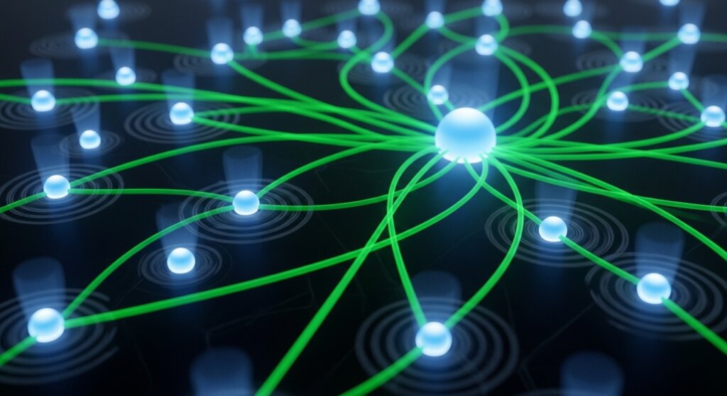 Gráfico de rede neural com nós locais, simbolizando a agregação de modelos no Federated Learning para privacidade em IA.