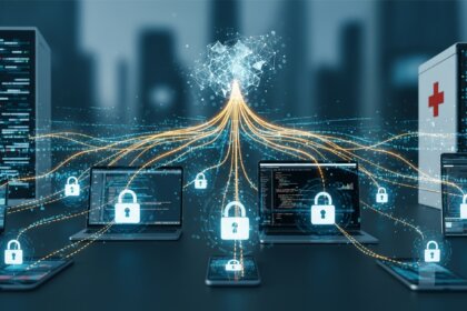 Rede de dispositivos protegidos por cadeados digitais, simbolizando o Federated Learning para privacidade em IA.