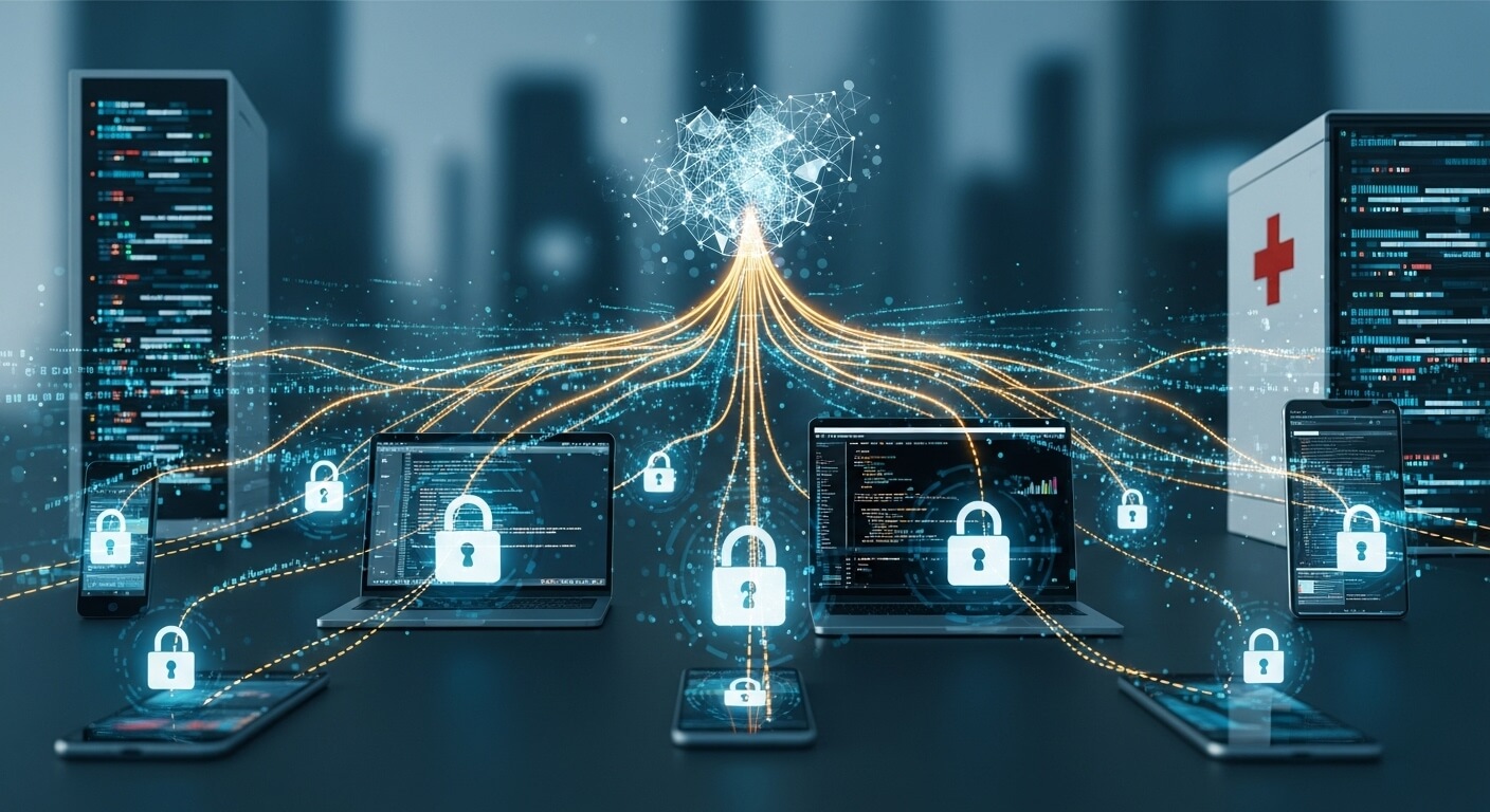 Rede de dispositivos protegidos por cadeados digitais, simbolizando o Federated Learning para privacidade em IA.