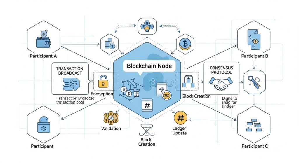 Diagrama esquemático de um nó na rede blockchain, mostrando como os participantes validam transações através de consensus, com ícones de criptografia e conexões de rede