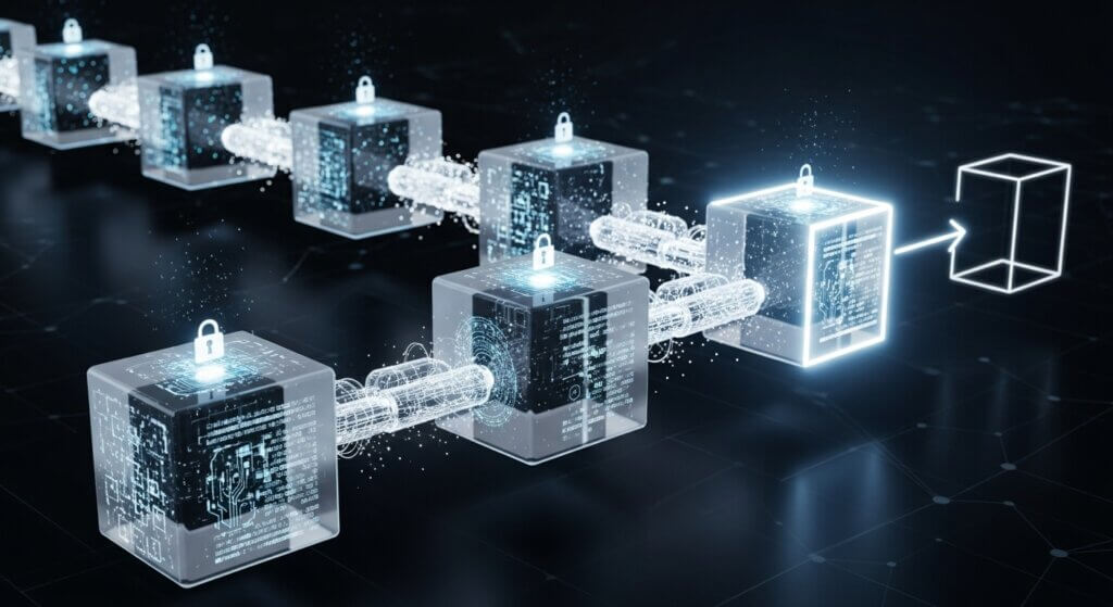  Uma analogia visual de uma cadeia de blocos onde cada bloco contém informações únicas e está ligado ao anterior, ilustrando como a blockchain mantém a integridade dos dados