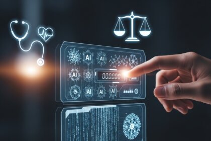 Mão ajustando um painel de controle de IA, simbolizando o fine-tuning para nichos específicos como direito e medicina.