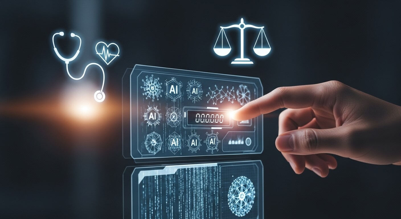 Mão ajustando um painel de controle de IA, simbolizando o fine-tuning para nichos específicos como direito e medicina.
