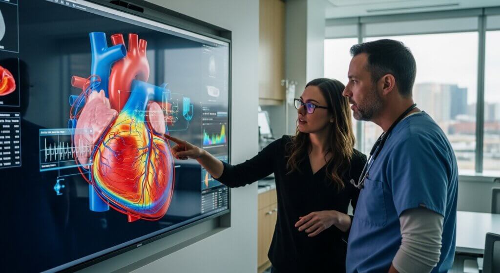 Médico e cientista de dados colaborando em um ambiente hospitalar, ilustrando o fine-tuning de IA para aplicações médicas.