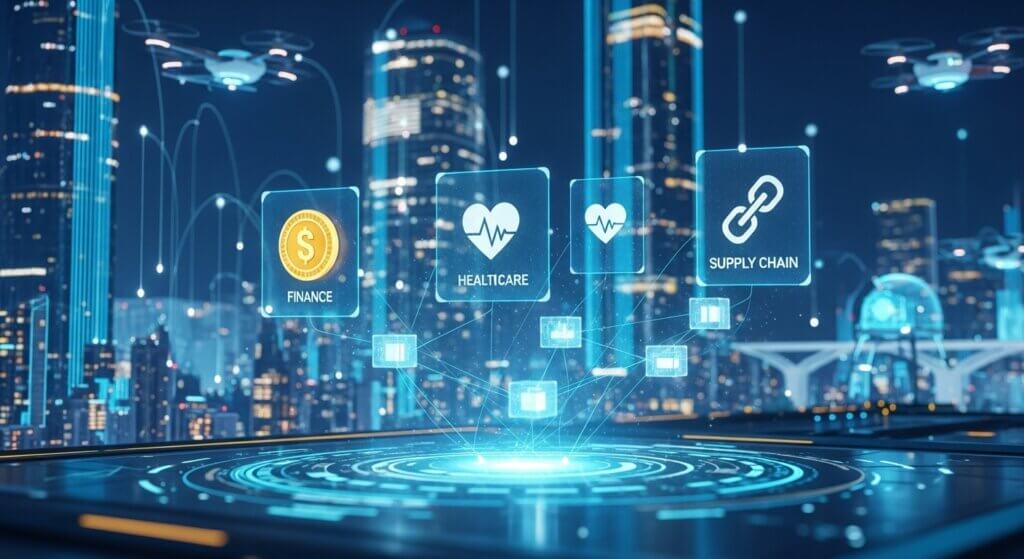  Cenário futurista onde diferentes setores (finanças, saúde, supply chain) utilizam blockchain para melhorar transparência e segurança, com ícones representando cada setor interligados