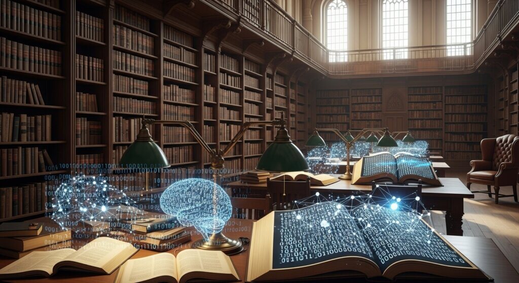 Biblioteca de direito com elementos de código binário, representando a aplicação de fine-tuning de IA no campo jurídico.