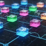 Um mapa digital interconectado mostrando blocos de dados transparentes e seguros, representando a estrutura da blockchain, com cores vibrantes e elementos tecnológicos modernos.