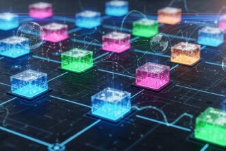 Um mapa digital interconectado mostrando blocos de dados transparentes e seguros, representando a estrutura da blockchain, com cores vibrantes e elementos tecnológicos modernos.