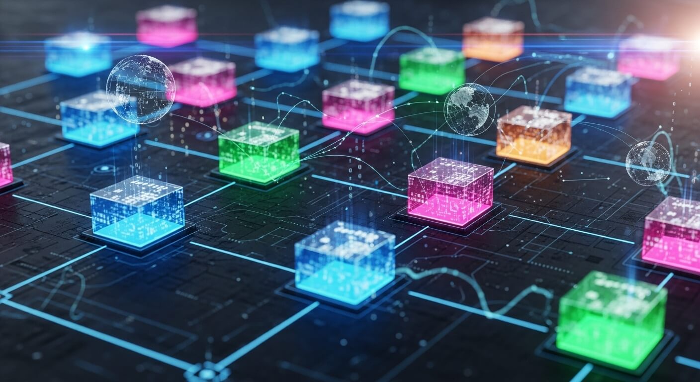 Um mapa digital interconectado mostrando blocos de dados transparentes e seguros, representando a estrutura da blockchain, com cores vibrantes e elementos tecnológicos modernos.