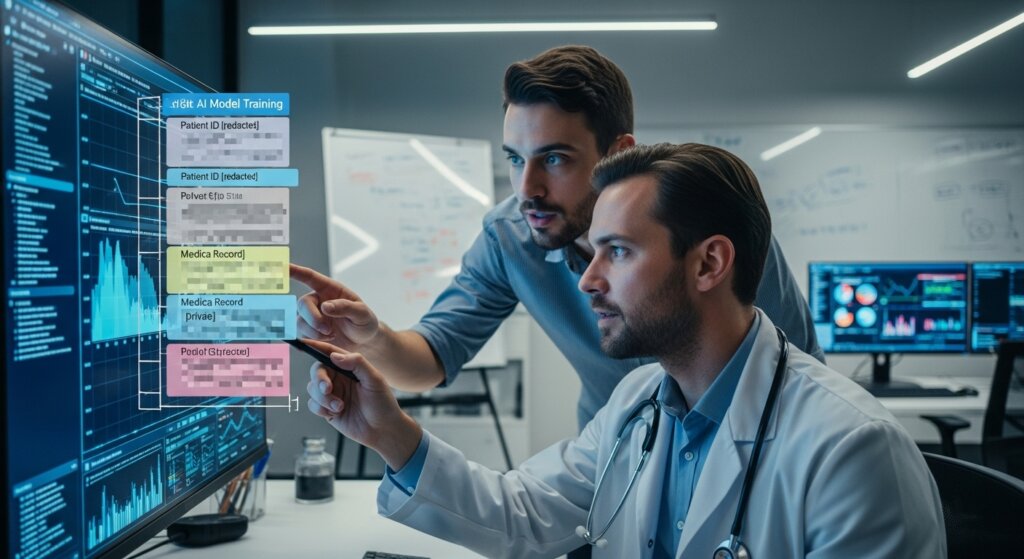 Treinamento de modelo de IA com dados médicos ofuscados, ilustrando a proteção da privacidade em IA na saúde.