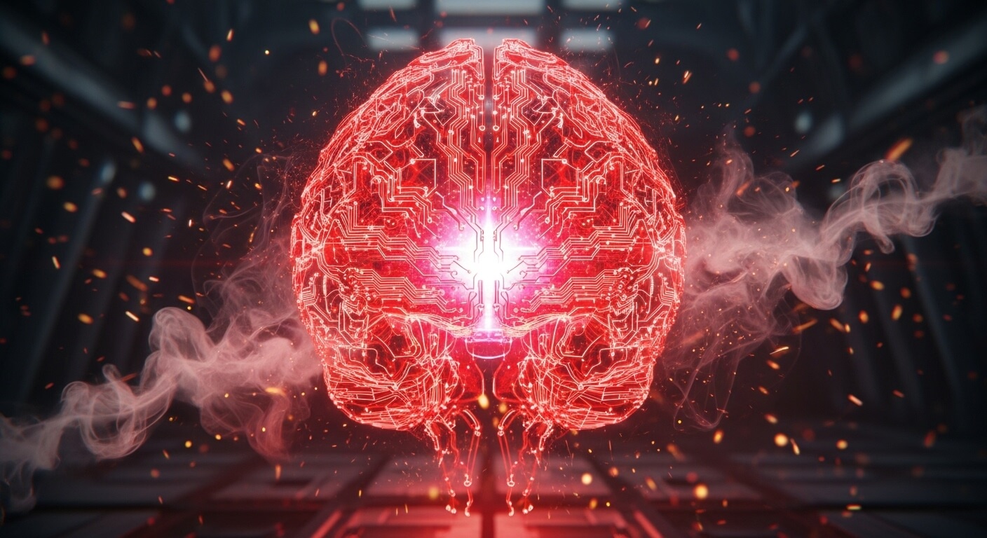 imagem de um cérebro de ia, com energia vermelha representando a ia como um perigo