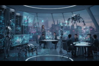 Profissionais diversos em um ambiente de aprendizado futurista, se requalificando para novas tecnologias, simbolizando a adaptação no mercado de trabalho