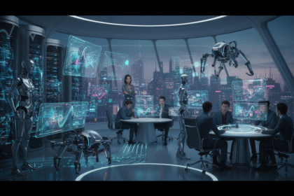 Profissionais diversos em um ambiente de aprendizado futurista, se requalificando para novas tecnologias, simbolizando a adaptação no mercado de trabalho