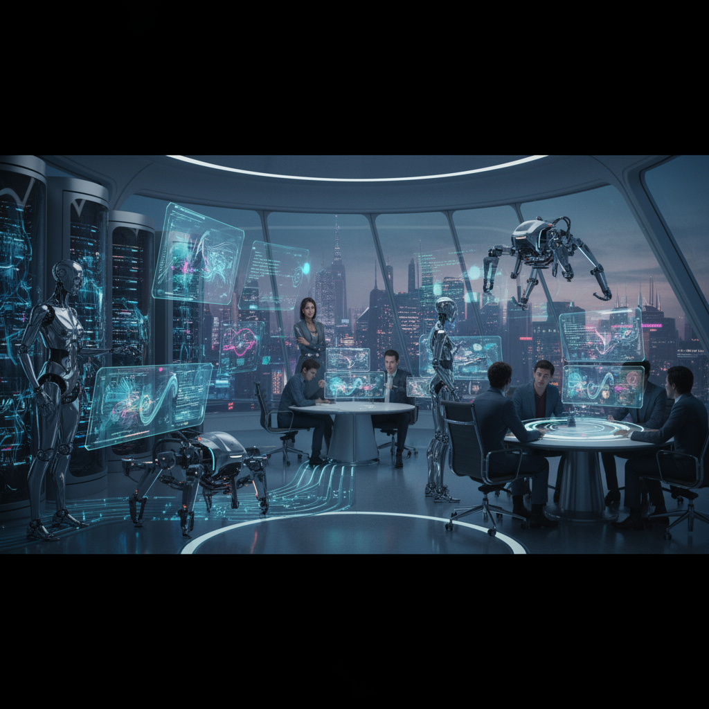 Profissionais diversos em um ambiente de aprendizado futurista, se requalificando para novas tecnologias, simbolizando a adaptação no mercado de trabalho