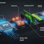 Infográfico mostrando componentes essenciais para rodar ia localmente IA: CPU, GPU com VRAM, RAM e SSD NVMe, destacando especificações mínimas recomendadas (16GB) e ideais (32-64GB)