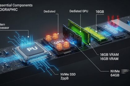 Infográfico mostrando componentes essenciais para rodar ia localmente IA: CPU, GPU com VRAM, RAM e SSD NVMe, destacando especificações mínimas recomendadas (16GB) e ideais (32-64GB)