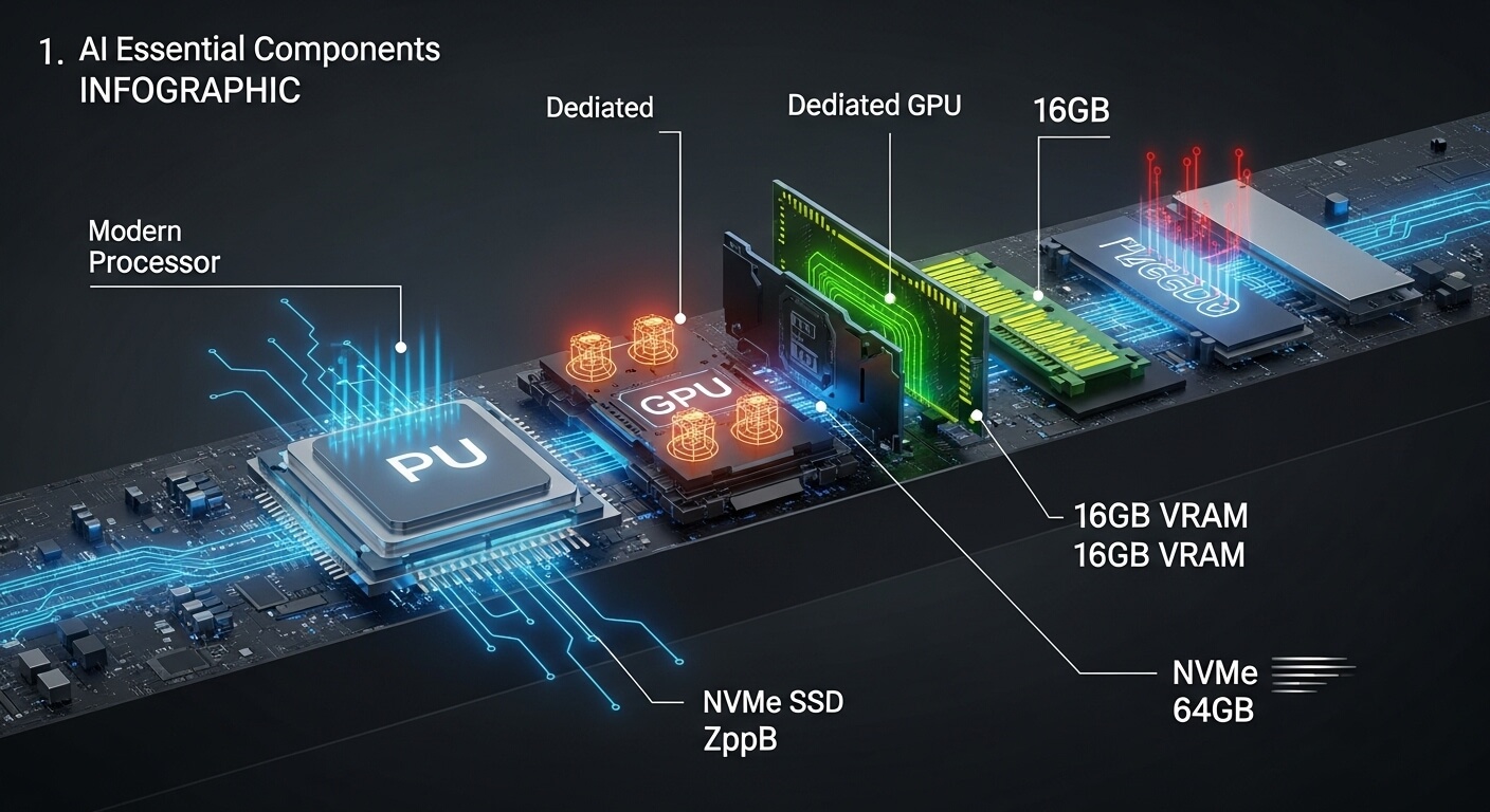 Infográfico mostrando componentes essenciais para rodar ia localmente IA: CPU, GPU com VRAM, RAM e SSD NVMe, destacando especificações mínimas recomendadas (16GB) e ideais (32-64GB)