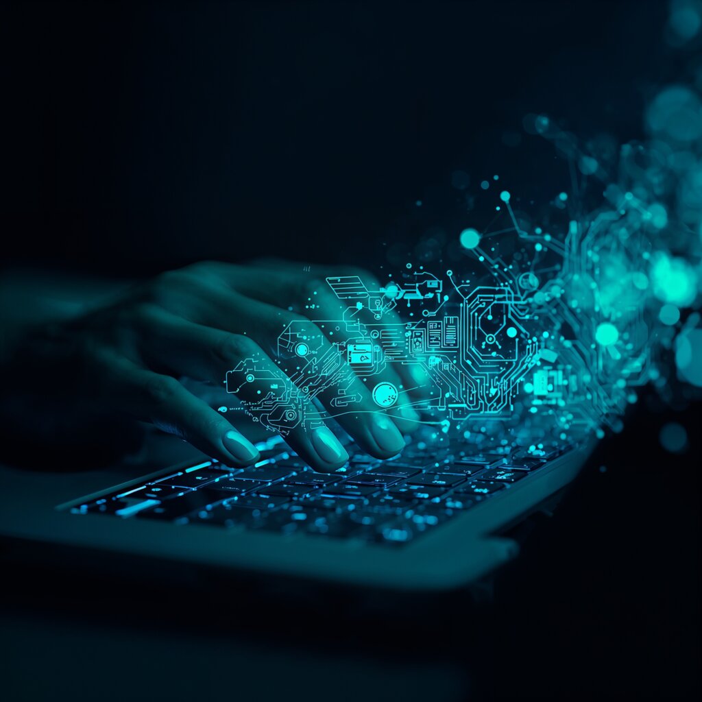 Mão humana se transformando em dados digitais e componentes robóticos, representando a automação da entrada de dados.