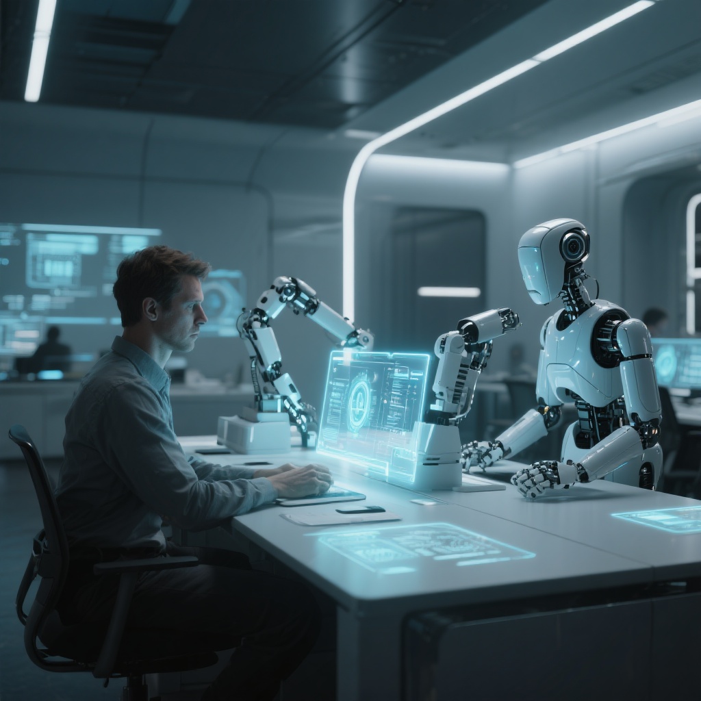 Robôs e interfaces de IA em um escritório futurista, com humanos observando a automação de tarefas.