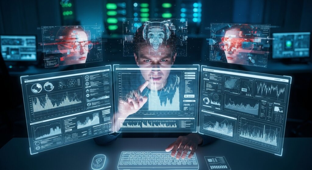 representação de um humano verificando informações geradas por IA para verificar a existência de alucinações