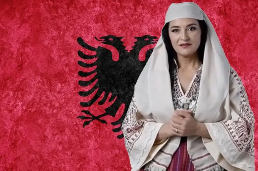 O rosto de Diella, a primeira ministra de IA do mundo, fundindo-se com código digital, simbolizando a complexa entrada da IA na política.