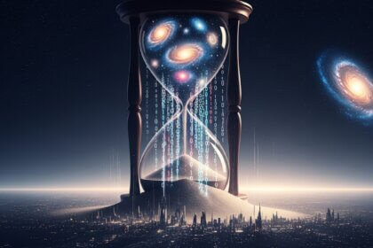 Uma ampulheta cósmica simbolizando a aceleração do tempo em direção à Singularidade tecnológica e um futuro irreconhecível.
