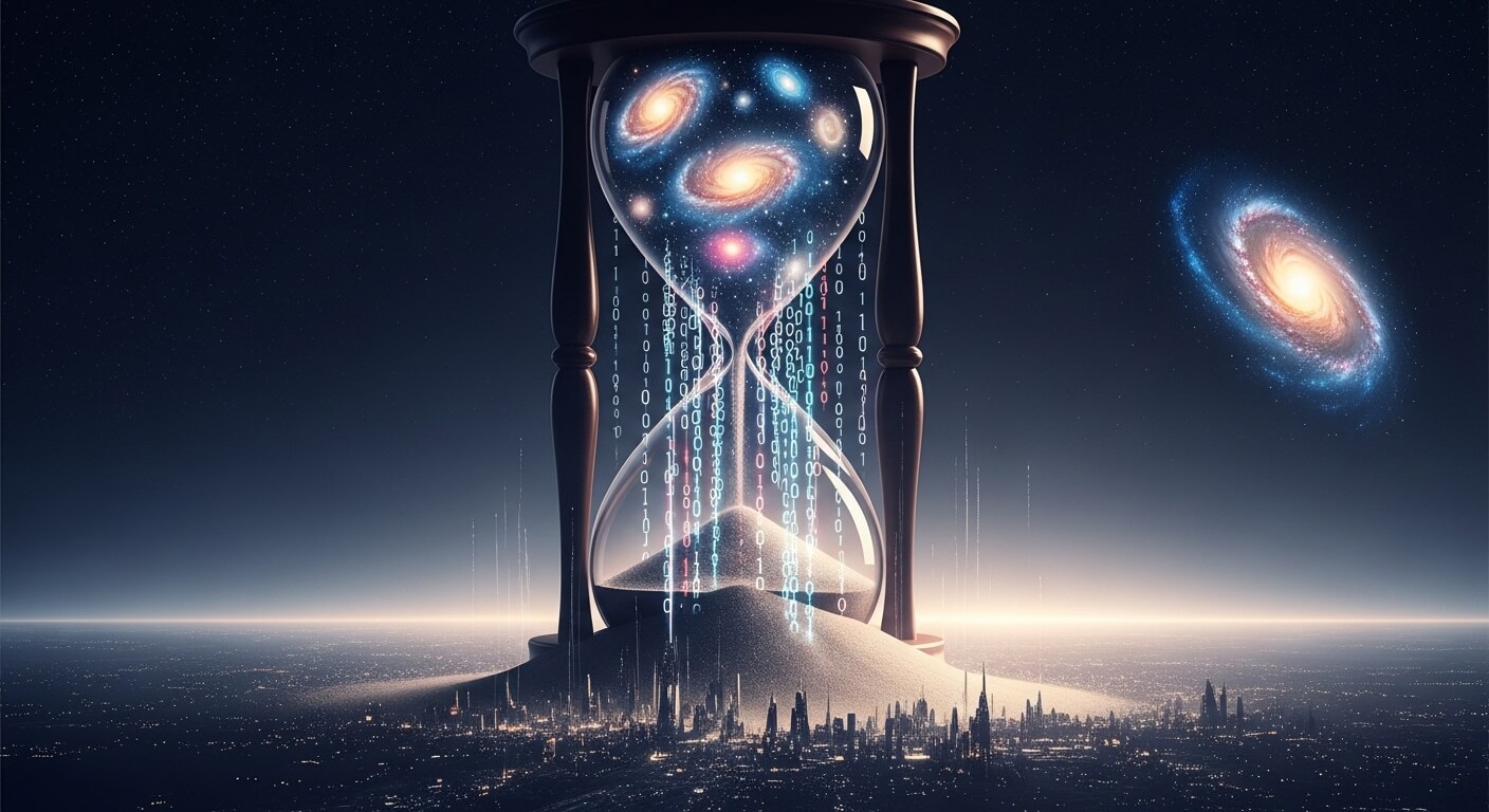 Uma ampulheta cósmica simbolizando a aceleração do tempo em direção à Singularidade tecnológica e um futuro irreconhecível.