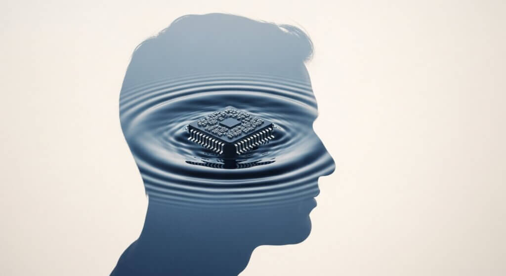 A fusão da mente humana e da máquina, representada pela silhueta de uma cabeça preenchida com um microchip, questionando a natureza da consciência na Singularidade.
