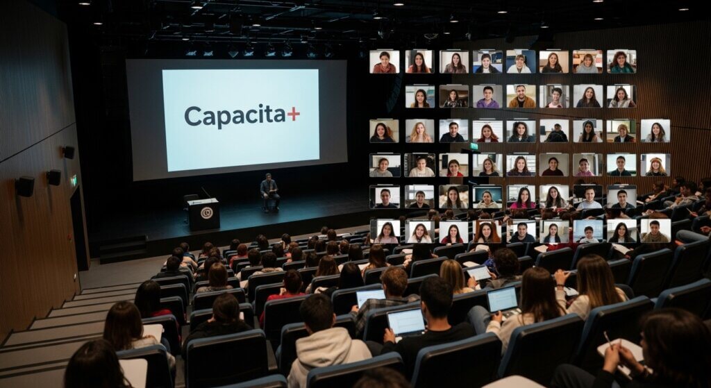 O modelo de ensino híbrido do programa de IA, combinando universidades presenciais com transmissão online massiva.