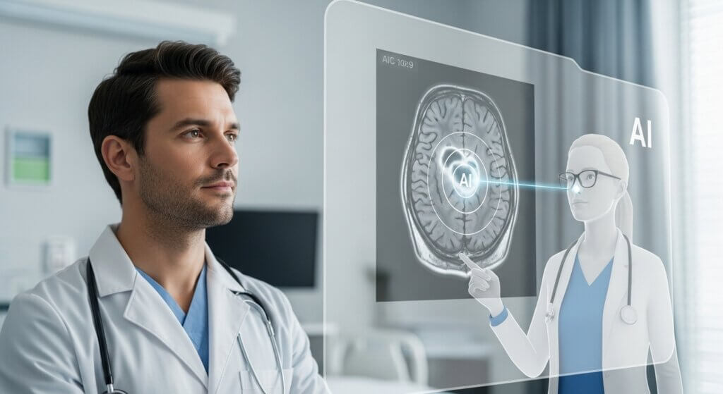 Médico em sala de hospital moderna, observando tela transparente onde uma IA destaca anomalia sutil em ressonância magnética cerebral. A imagem transmite colaboração entre especialista humano e tecnologia de IA, com iluminação suave e natural.