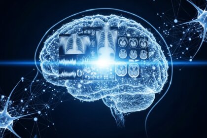 Imagem simbólica e futurista de um cérebro humano holográfico entrelaçado com redes neurais digitais brilhantes, analisando exames médicos como raios-X e ressonâncias magnéticas. O fundo é escuro, com estética minimalista e cores em azul elétrico, branco e roxo sutil, transmitindo inovação e esperança.`