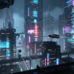 Cidade futurista noturna com luzes neon e ruas molhadas