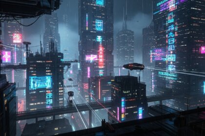 Cidade futurista noturna com luzes neon e ruas molhadas