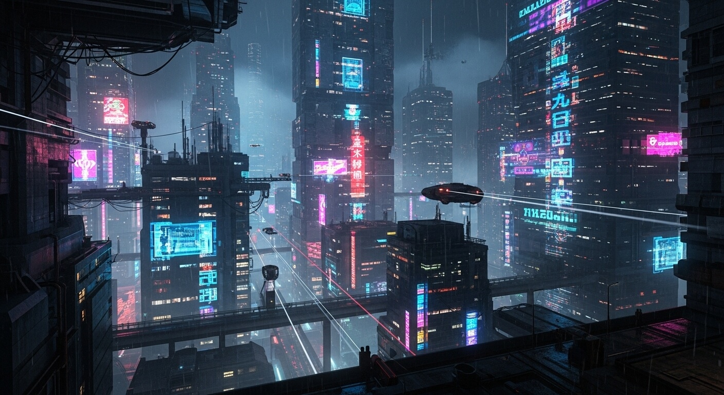 Cidade futurista noturna com luzes neon e ruas molhadas