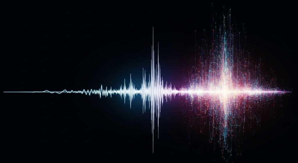 Uma onda sonora que acelera exponencialmente, servindo como metáfora visual para o crescimento tecnológico que nos leva à Singularidade.