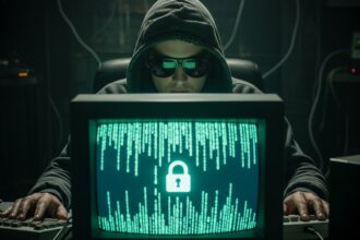 Representação visual da vulnerabilidade Unity Android, com um personagem hacker em frente a um código, simbolizando o risco da CVE-2025-59489.