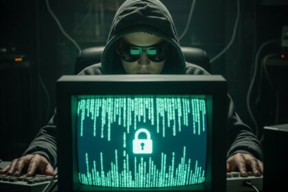 Representação visual da vulnerabilidade Unity Android, com um personagem hacker em frente a um código, simbolizando o risco da CVE-2025-59489.