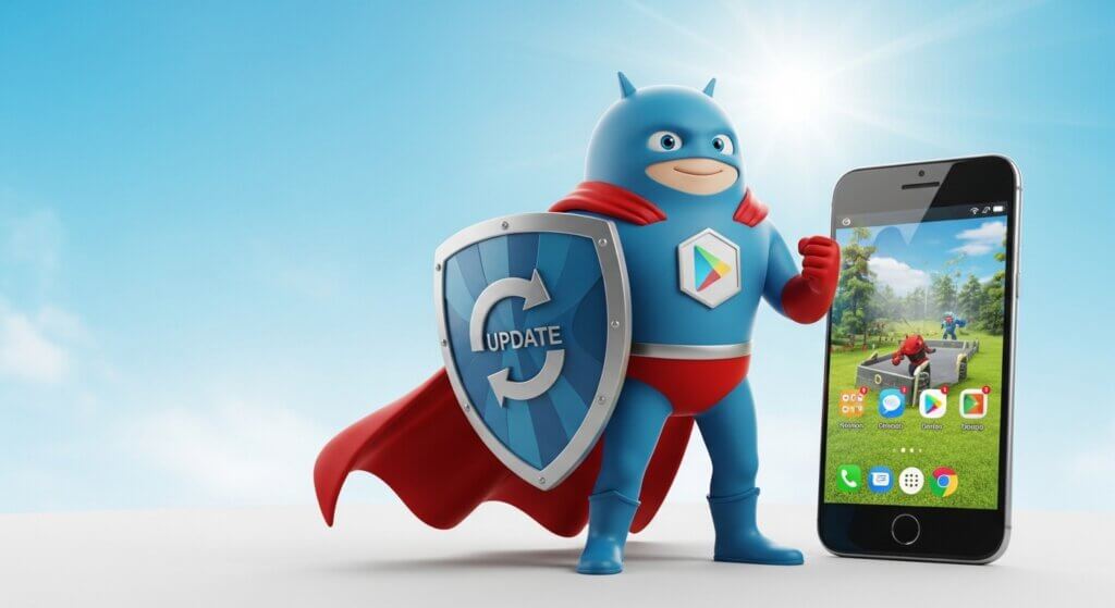 Ilustração sobre a importância de atualizar jogos e aplicativos para se proteger da vulnerabilidade Unity Android e outras ameaças.