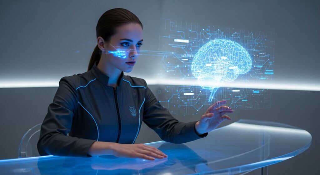 imagem que ilusta a ia no mercado de trabalho. Um engenheiro de prompt (mulher jovem e focada, vestindo roupas casuais de alta tecnologia) está sentada em uma mesa futurista, colaborando com uma projeção holográfica de um cérebro digital em rede. A luz da projeção ilumina seu rosto. A imagem simboliza a "fluência em IA humana". Fundo limpo e minimalista.