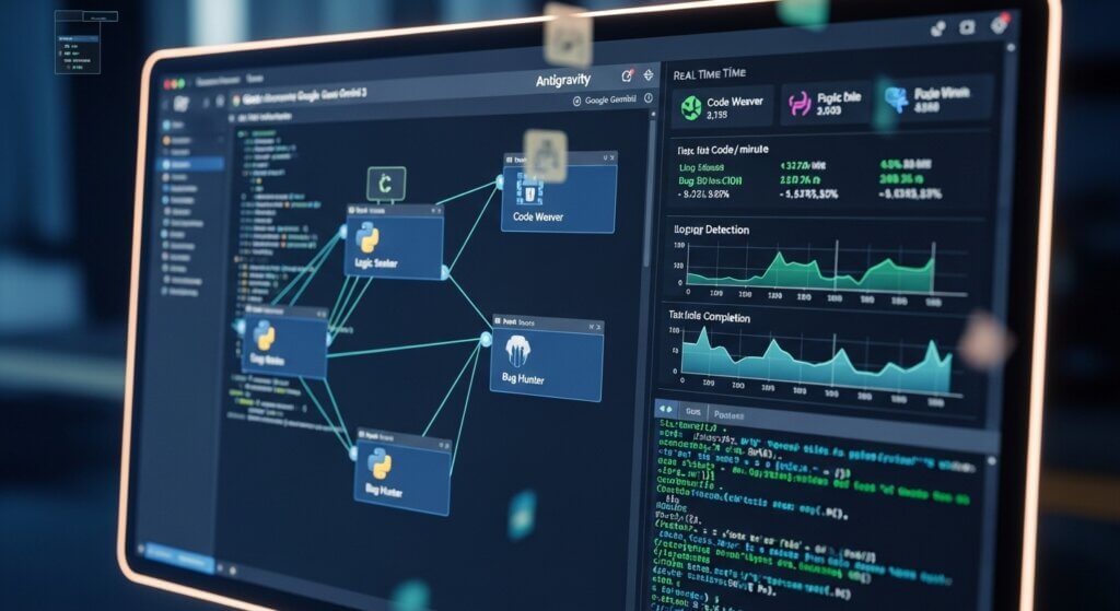 Close-up detalhado de uma tela de computador exibindo a interface do "Google Antigravity", mostrando um fluxo de trabalho de agentes de IA colaborando em código, com gráficos de progresso e janelas de terminal, iluminação cinemática focada na tela, estilo cyberpunk limpo. Alt Text: Interface do IDE agêntico Google Antigravity impulsionado pelo Google Gemini 3.