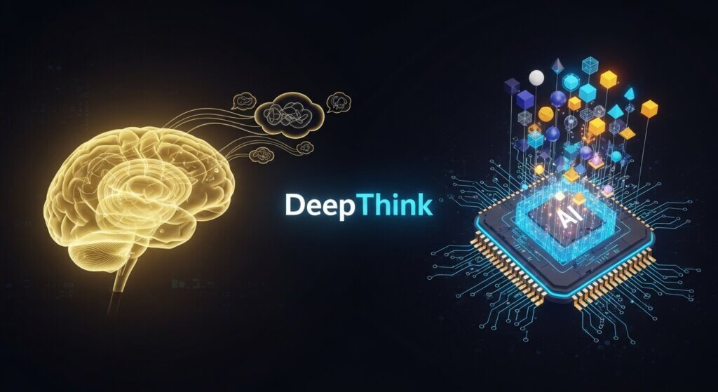 Ilustração comparativa em estilo infográfico moderno, lado a lado, mostrando um cérebro humano pensando (lento) e um processador de IA com "tokens de pensamento" brilhantes (rápido e estruturado), fundo escuro, elementos neon para destacar o processo de raciocínio "DeepThink". Alt Text: Comparação visual do processo de raciocínio profundo DeepThink do Google Gemini 3.
